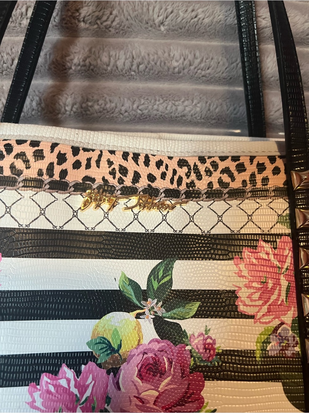 Betsey Johnson Black & White Striped Tote with Pink Florals and Yellow Lemons - Picture 2 of 4
